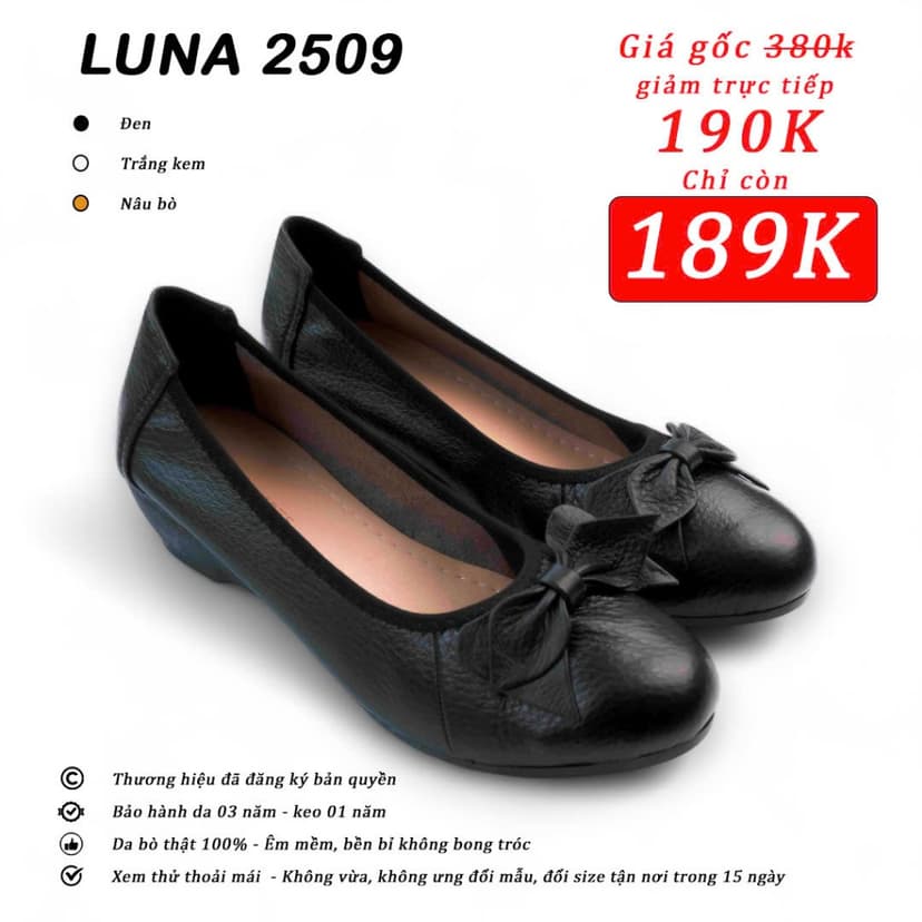 Ảnh GIày búp bê nữ LUNASHOES 2509 đế xuồng 3cm da bò mềm êm chân có nơ mũi vuông bảo hành 3 năm 2