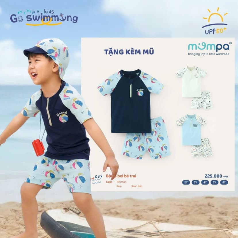 Ảnh Đồ bơi bé trai quần rời Mompa 2-6 tuổi vải co giãn nhanh khô tặng kèm mũ bơi 688 1
