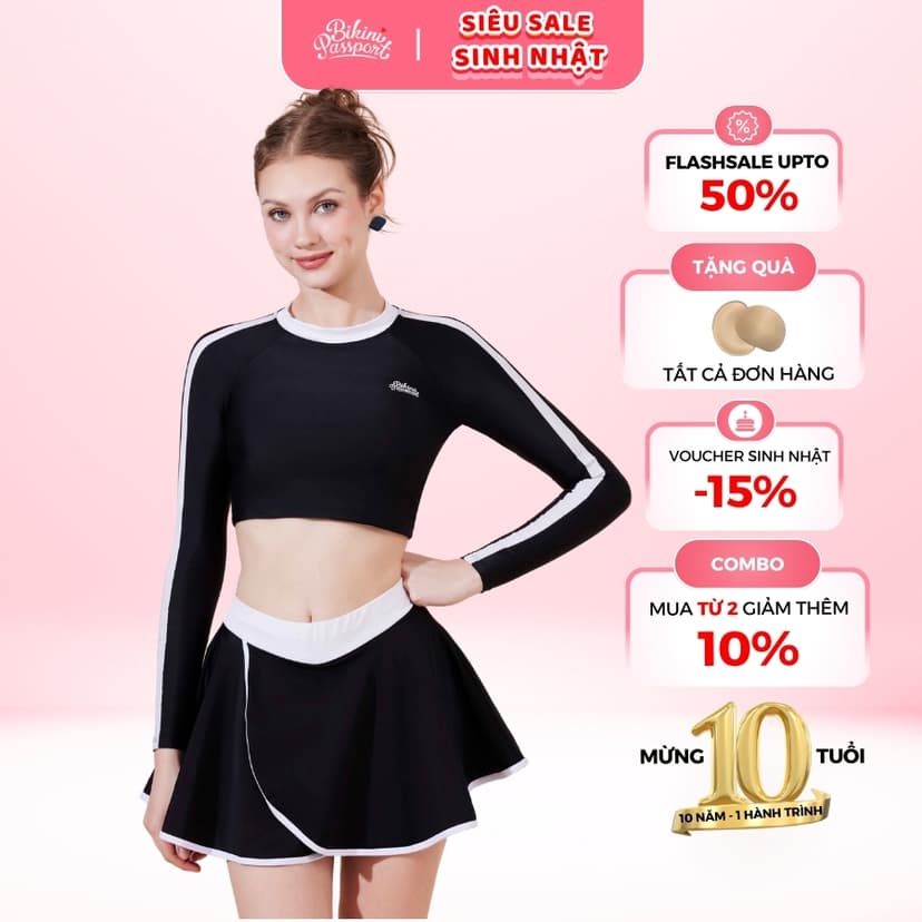 Ảnh Bộ đồ bơi Nữ BIKINI PASSPORT kiểu Đồ bơi BIKINI PASSPORT hai mảnh váy tay dài - Đen Trắng - BS1022_BL 1