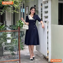 Thumbnail Đầm thiết kế cổ kiểu đính nút dáng xếp ly BEMINE MT9390 1