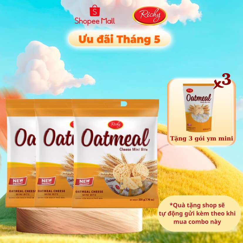 Ảnh Combo 3 túi bánh yến mạch Oatmeal Richy túi to 220g-250g tặng thêm 3 túi bánh yến mạch mini bite 35-40g 1