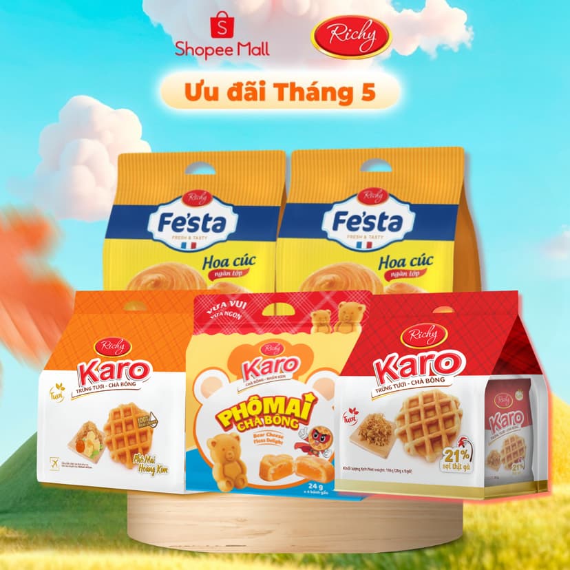 Ảnh Combo 5 bịch bánh mì tươi Richy Karo: Karo chà bông, Karo phô mai, Karo gấu và Bánh mì hoa cúc 1