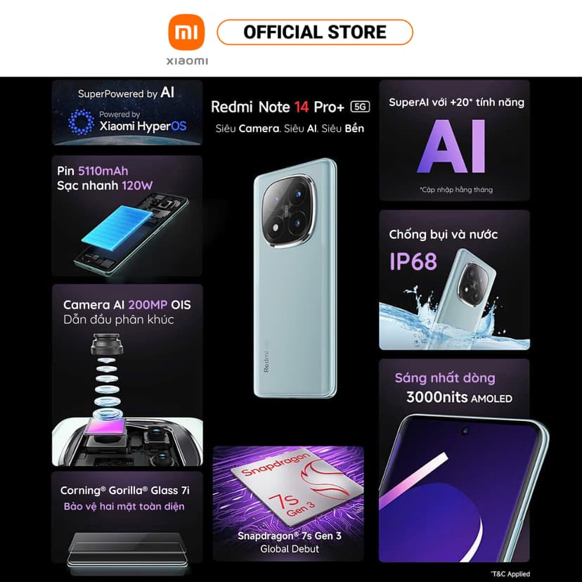 Ảnh Điện thoại thông minh Redmi Note 14 Pro+ 5G (8+256GB) | Màn hình 6.67" | Snap 7S Gen 3 | Camera AI 200MP 3