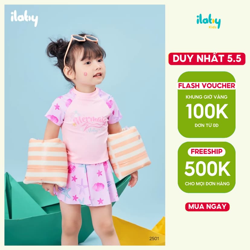 Ảnh Bộ đồ bơi cho bé ILABY áo tay ngắn kết hợp chân váy chất liệu thun lạnh [2501] 1