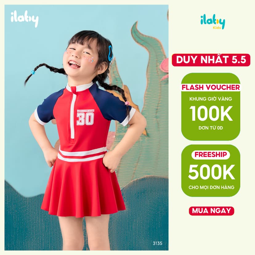 Ảnh Bộ váy bơi bé gái ILABY thiết kế áo cộc tay liền chân váy có lót quần chất liệu thun lạnh [3135] 1