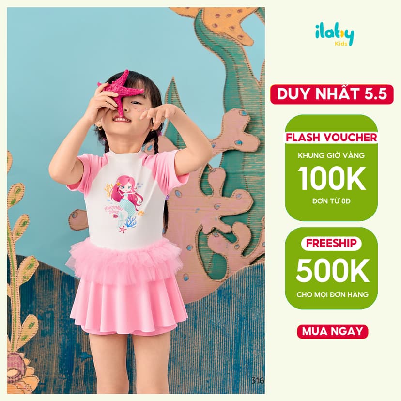 Ảnh Set đồ bơi bé gái ILABY đồ bơi chất liệu thun lạnh thiết kế áo liền váy có lót quần [3169] 1