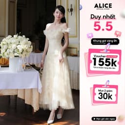 Thumbnail Váy Ren Tiểu Thư Trễ Vai Đính Hoa Nổi Phối Lưới Xòe Bồng ALICE Phong Cách Điệu Đà, Nhẹ Nhàng V1244 1