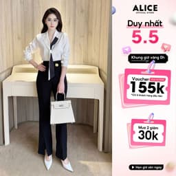 Thumbnail Set Công Sở Thanh Lịch Alice, Áo Sơ Mi Cổ Phối Buộc Vạt Chất Lụa Hàn Phối Quần Ống Loe Chất Mango Đính Tag Eo S849 1