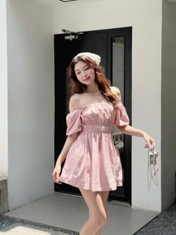 Thumbnail Đầm Ngắn Mini Thun Eo Phối Túi Tay Năng Động Váy Trễ Vai Cổ Vuông Chất Gió Nhăn Mát GAGO GG4902 2