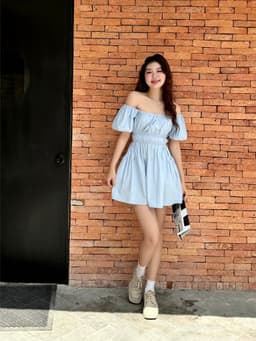 Thumbnail Đầm Ngắn Mini Thun Eo Phối Túi Tay Năng Động Váy Trễ Vai Cổ Vuông Chất Gió Nhăn Mát GAGO GG4902 3