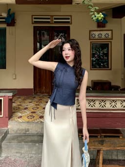 Thumbnail Áo cổ tàu nữ cách tân sát nách GAGO Brand, áo cách tân đắp tà thắt dây GA5076 2