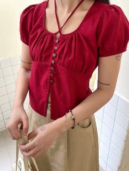 Thumbnail Áo Kiểu Nữ Cổ Vuông Tay Phồng GAGO Brand Gài Nút Thắt Dây Ngực Nhún Thời Trang Hàn Quốc GA4604 2