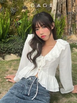 Thumbnail Áo sơ mi cổ bèo GAGO Brand nữ cổ V tay dài thắt dây thời trang, áo nữ phong cách tiểu thư GA4708 4638 1