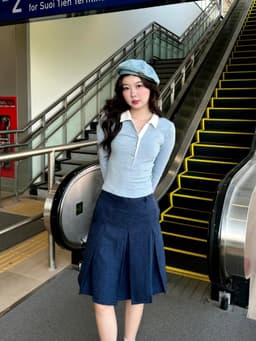 Thumbnail Áo thun tay dài nữ cổ polo GAGO Brand chất cotton mềm mịn tôn eo màu xanh 3