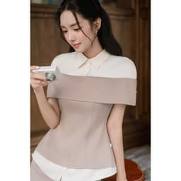 Thumbnail Set đồ Áo ngang vai phối sơ mi 2T15.2504K, Chân váy ngắn dáng A 4S13.2504K, Bộ đồ công sở thanh lịch sang trọng của JM 3