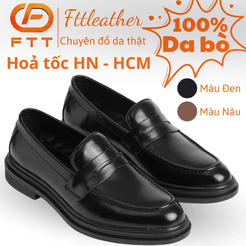 Ảnh Giày da bò nam FTT Leather dáng lười Penny Loafer trơn độn đế ẩn tăng chiều cao màu đen, nâu F0303 1