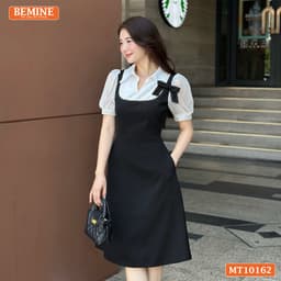 Thumbnail Đầm thiết kế BEMINE cổ V giả yếm đinh hoa nơ dáng chữ A phù hợp đi làm-MT10162 3