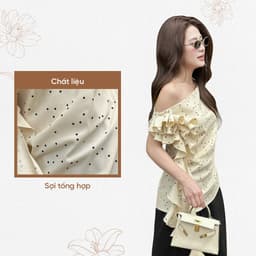 Thumbnail TUBYCATU | Áo lệch vai chấm bi cream polka dot top 2