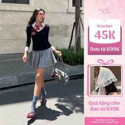 Thumbnail Áo thun tiểu thư kiểu tay dài đen phối chân váy xám xếp ly REGINA dể thương, sang trọng - Simple Twist Studio 1