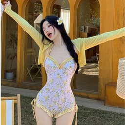 Thumbnail Bikini đi biển đồ bơi nữ liền thân họa tiết hoaj tiết kèm áo khoác chống nắng có đệm ngực màu vàng 704 D5T4 1