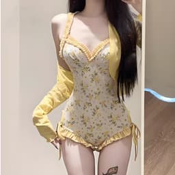 Thumbnail Bikini đi biển đồ bơi nữ liền thân họa tiết hoaj tiết kèm áo khoác chống nắng có đệm ngực màu vàng 704 D5T4 4