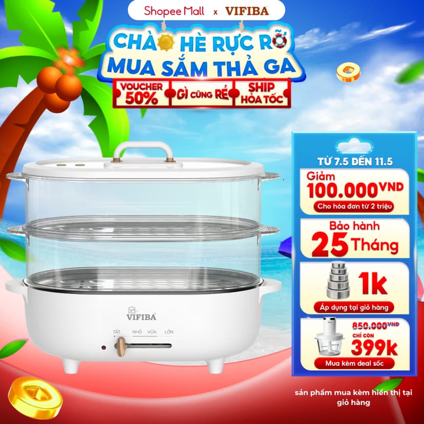 Ảnh Nồi Lẩu Hấp Điện 2 Tầng VIFIBA - NồI Vừa Nấu Lẩu Vừa Hấp VIFIBA - Công Suất 1000W, Dung Tích Nấu 15L 1