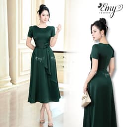 Thumbnail Đầm Dự Tiệc EMY Thiết Kế Cao Cấp Trung Niên EM7520 Dáng Xoè Cổ Tròn Tay Ngắn Màu Đen Vải Mango Gân 1