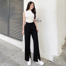 Thumbnail Quần ống loe nữ xẻ lai tây tuyết mưa lưng cao trơn đen THOCA HOUSE thời thượng, trendy 2