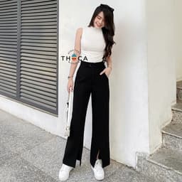Thumbnail Quần ống loe nữ xẻ lai tây tuyết mưa lưng cao trơn đen THOCA HOUSE thời thượng, trendy 3
