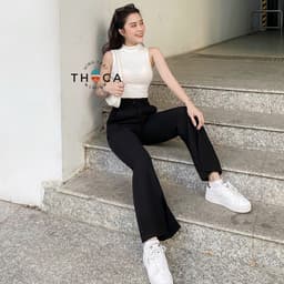 Thumbnail Quần ống loe nữ xẻ lai tây tuyết mưa lưng cao trơn đen THOCA HOUSE thời thượng, trendy 4