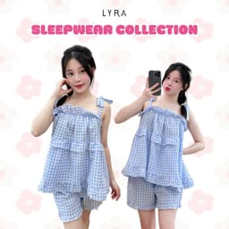 Thumbnail LYRA - Bộ đồ ngủ hè 2 dây thắt nơ dáng babydoll, set đũi pijama họa tiết caro freesize thoải mái thoáng mát - LWNSE011 1