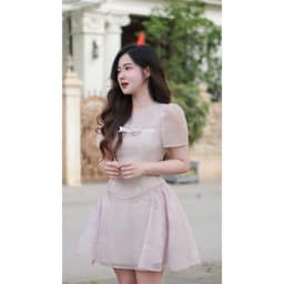 Thumbnail Đầm đè dây nơ ngực, nhún sườn họa tiết 1R07.2503OG, váy tơ mềm chiết eo dáng xòe bồng nữ tính đáng yêu thiết kế bởi JM 4