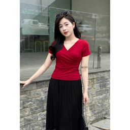 Thumbnail Áo thun nữ che bụng sau sinh cổ tim dáng ôm nhẹ nhún eo Evalover 4