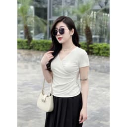 Thumbnail Áo thun nữ che bụng sau sinh cổ tim dáng ôm nhẹ nhún eo Evalover 1