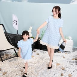 Thumbnail RẬP MOMMY & BABY - Đầm Xanh Cổ Tròn Kết Dây Tweed Tay Ngắn - PARIS 04 1