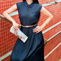 Thumbnail Pleated Denim Dress - Đầm cổ đức, Đầm nữ công sở dạo phố IVY moda MS 47B0103 4