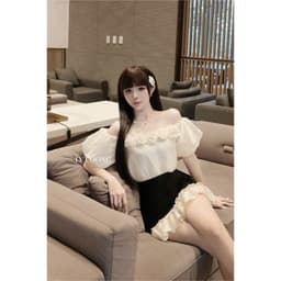 Thumbnail Set Váy Đẹp Trễ Vai Đính Hoa LECOONG B216 Chân Váy Phối Đen Trắng Đi Biển Sang 1