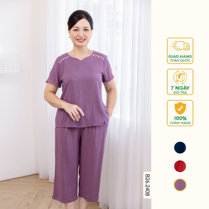 Ảnh Bộ lanh tole  trung niên quần lửng áo cộc tay cổ thêu vai thời trang Việt Thắng - B26.2408 4