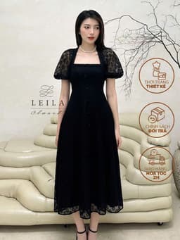 Thumbnail LEILA CLOSET | Đầm thiết kế Dalia đen dáng cổ vuông tay phồng xẻ tà trước 2