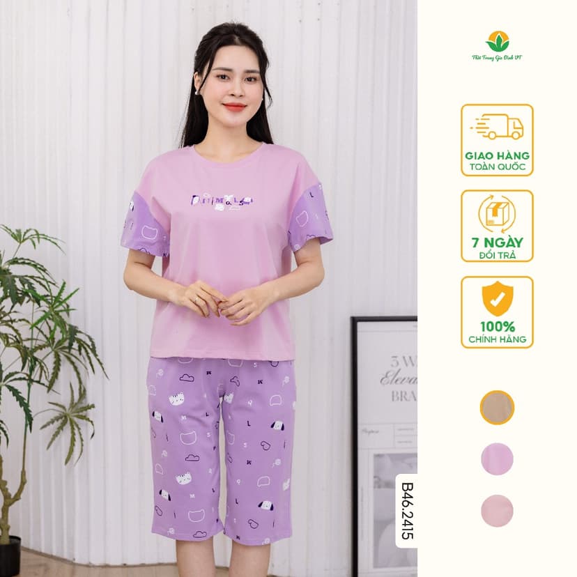 Ảnh Bộ đồ mặc nhà nữ chất Cotton dệt kim thời trang Việt Thắng,quần lửng, áo cộc tay - B46.2415 1