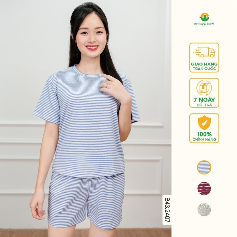 Ảnh Bộ đùi nữ chất cotton thời trang Việt Thắng áo cộc tay quần đùi kẻ sọc - B43.2407 1
