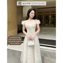 Thumbnail Váy Ren Tiểu Thư Trễ Vai Đính Hoa Nổi Phối Lưới Xòe Bồng ALICE Phong Cách Điệu Đà, Nhẹ Nhàng V1244 4