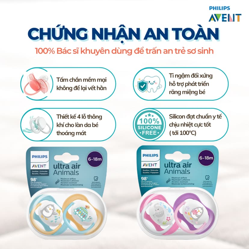 Ảnh Ti Giả Avent Ultra Air 6-18 Tháng, Núm Ty Ngậm Cho Bé An Toàn Mềm Mại Chính Hãng 3