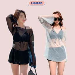 Thumbnail Bikini LUHAZO đi biển du lịch 3 chi tiết nữ áo rút dây có mút ngực kèm quần nhún và áo lưới kín đáo 9961 TK13T4 1