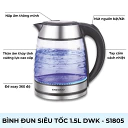 Thumbnail Ấm siêu tốc thủy tinh cao cấp 1.7L Daewoo DWK-GL1803 thiết kế vỏ sò đèn LED độc đáo  - Hàng chính hãng BH 2 năm 4