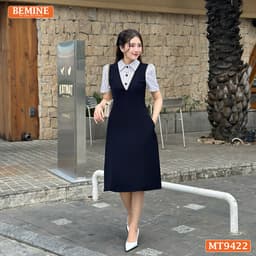 Thumbnail Đầm thiết kế BEMINE cổ sơ mi dáng chữ A giả yếm phù hợp đi làm, đi dạo phố-MT9422 1