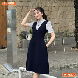 Thumbnail Đầm thiết kế BEMINE cổ sơ mi dáng chữ A giả yếm phù hợp đi làm, đi dạo phố-MT9422 3