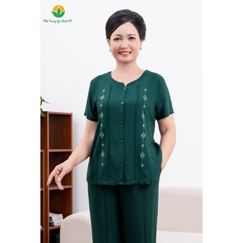 Ảnh Bộ lanh mở cúc trung niên Việt Thắng, quần dài, áo cộc tay, cổ tàu thêu - B28.2401 4