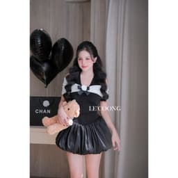 Thumbnail Váy Tiểu Thư Dáng Ngắn Trễ Vai Đính Nơ LECOONG V672  Đầm Đẹp Sang Chảnh 3
