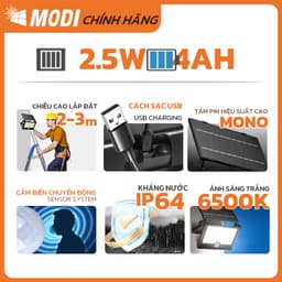Thumbnail Đèn Pha Led Cảm Biến Chuyển Động Ngoài Trời Năng Lượng Mặt Trời MODI SOLAR Có Cổng Sạc USB 3